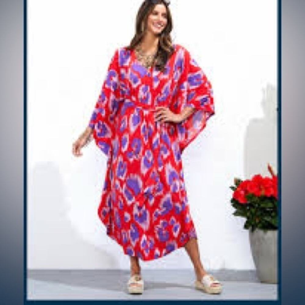 NWT IMAN Global Chic Cheetah Print Stretch Knit Caftan Dress 1X  pink purple
